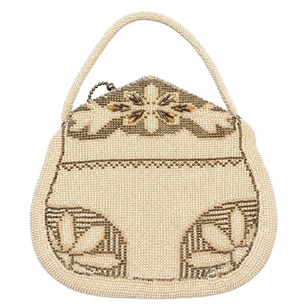 1930s Czech Beaded Handbag Cream Bronze Art Deco Evening Bag Zippered